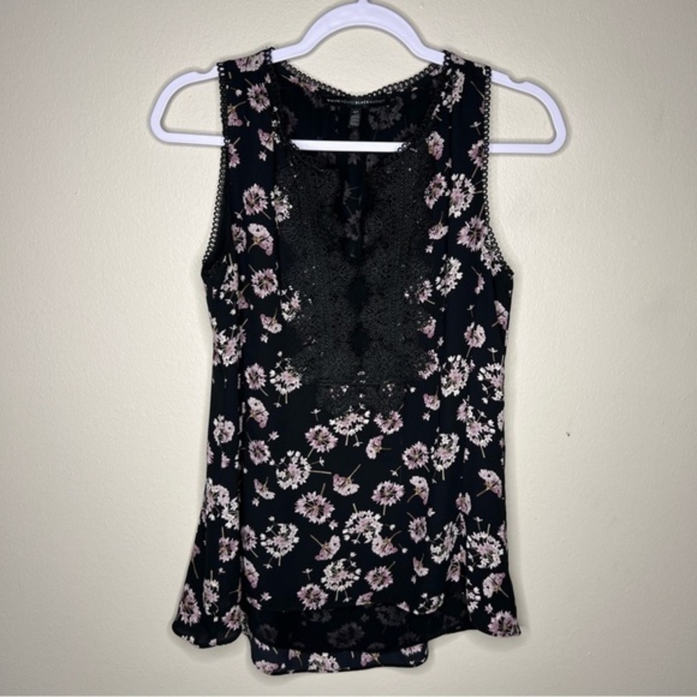 WHBM Dark Floral Whimsigoth Dandelion Scalloped Trim Lace Sheer Chiffon Tank